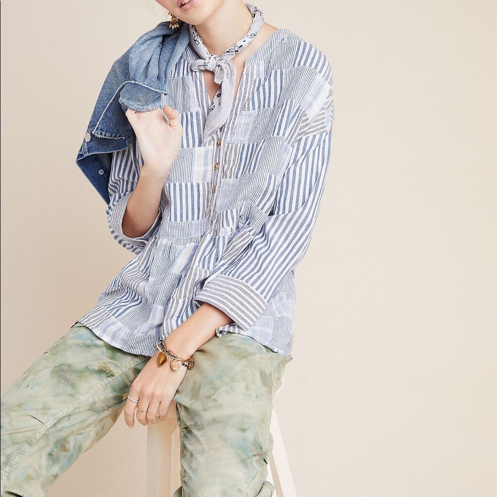 Anthropologie Blue Patchwork Zoe Swing Blouse